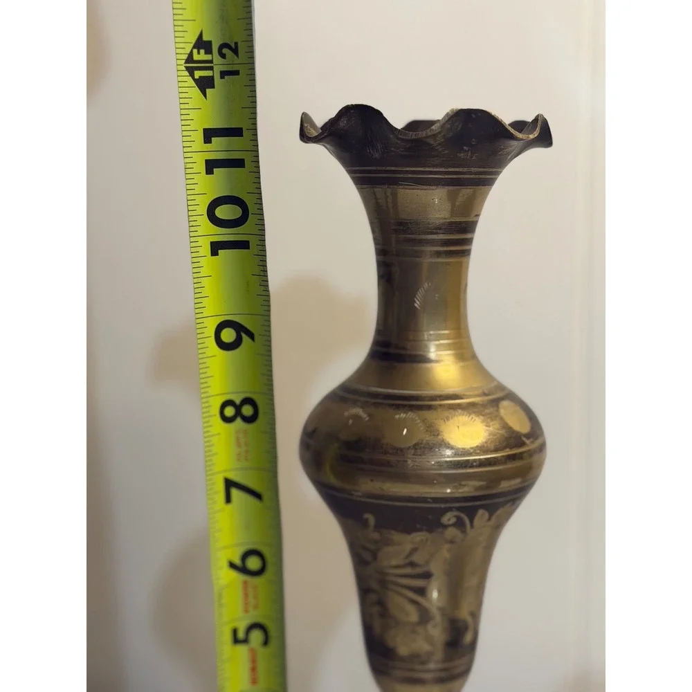 VTG Etched Brass Vase Trio Gold Black Floral‎ Ruffled Bud Decorative India Set